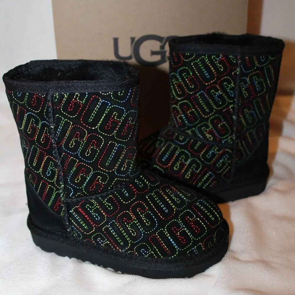 NIB‎ UGG TODDLER GIRL'S LOGO STITCH SUEDE SHEARLING BOOTS BLACK
